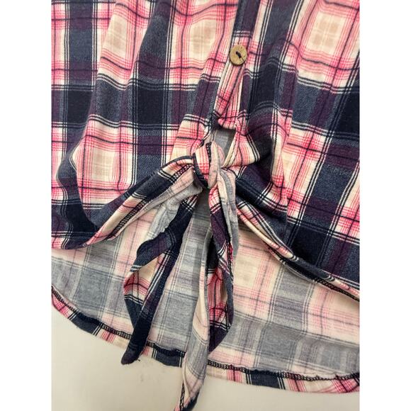 Vintage POMELO USA Large Plaid female top blouse front tie on waist  buttons - Picture 6 of 8